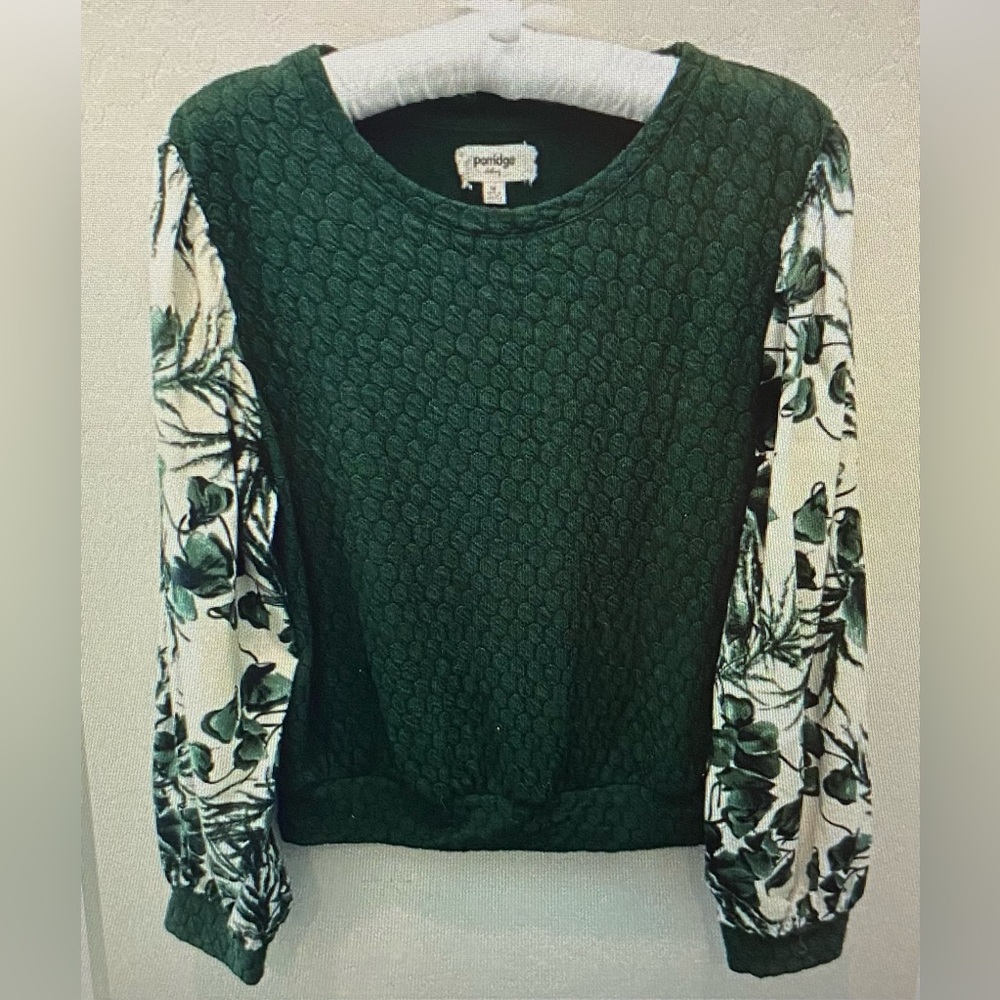 Anthropologie Porridge Green Floral Textured Sweatshirt Blouse Medium
